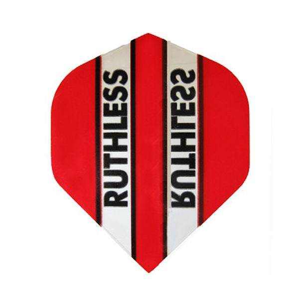 Ruthless Flights extra tough 100 micron red and white dart flights with bold black text