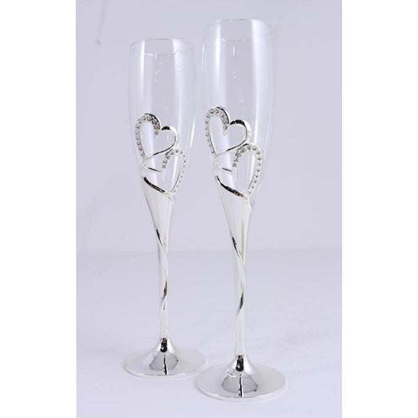 Pair of Double Hearts Toasting Flutes with silver-dipped base and intertwined heart design, perfect for wedding toasts and personalized engraving
