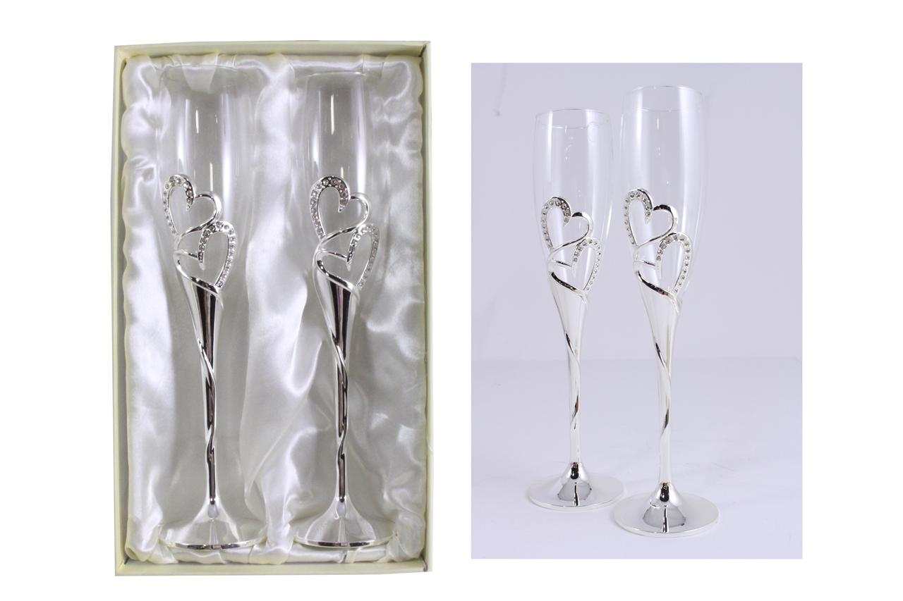 Double Hearts Toasting Flutes set with silver-dipped bases and interlocking heart designs for weddings