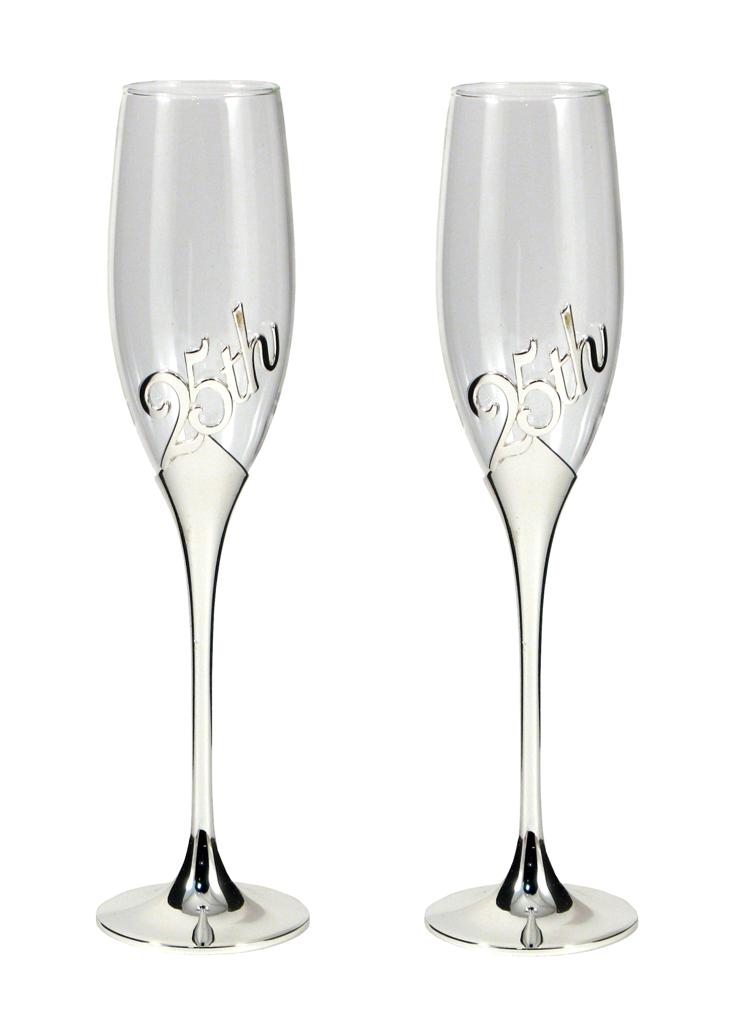 25th Anniversary Champagne flutes set with silver-dipped bases and "25th" engraving