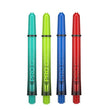 Pro Grip Sera Shafts in vibrant turquoise, lime green, blue, and red colors with threaded ends for darts