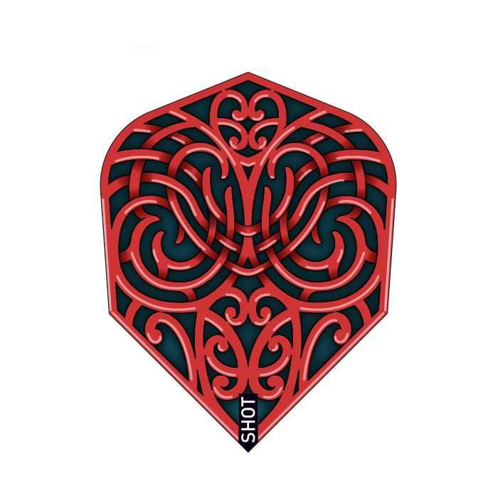 Shot Flights dart flights with intricate red and black Celtic knot design for stability and lift