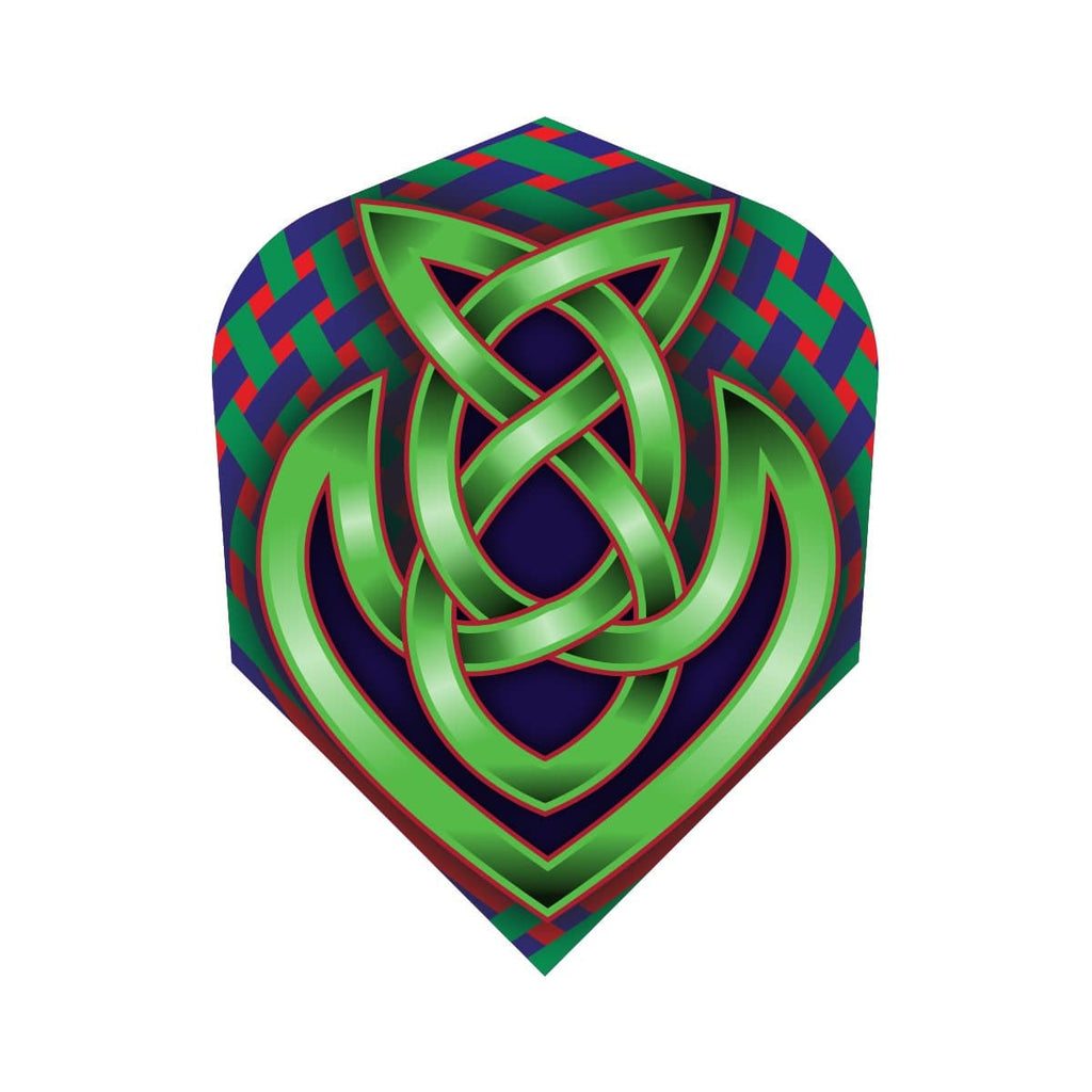 Shot Flights dart flight with green Celtic knot design on blue and red checkered background