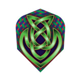 Shot Flights dart flight with green Celtic knot design on blue and red checkered background