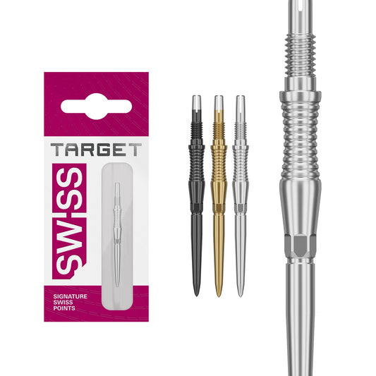Swiss RST Points showing the three colour options silver, gold and black with a 'Target' packaging on a white background