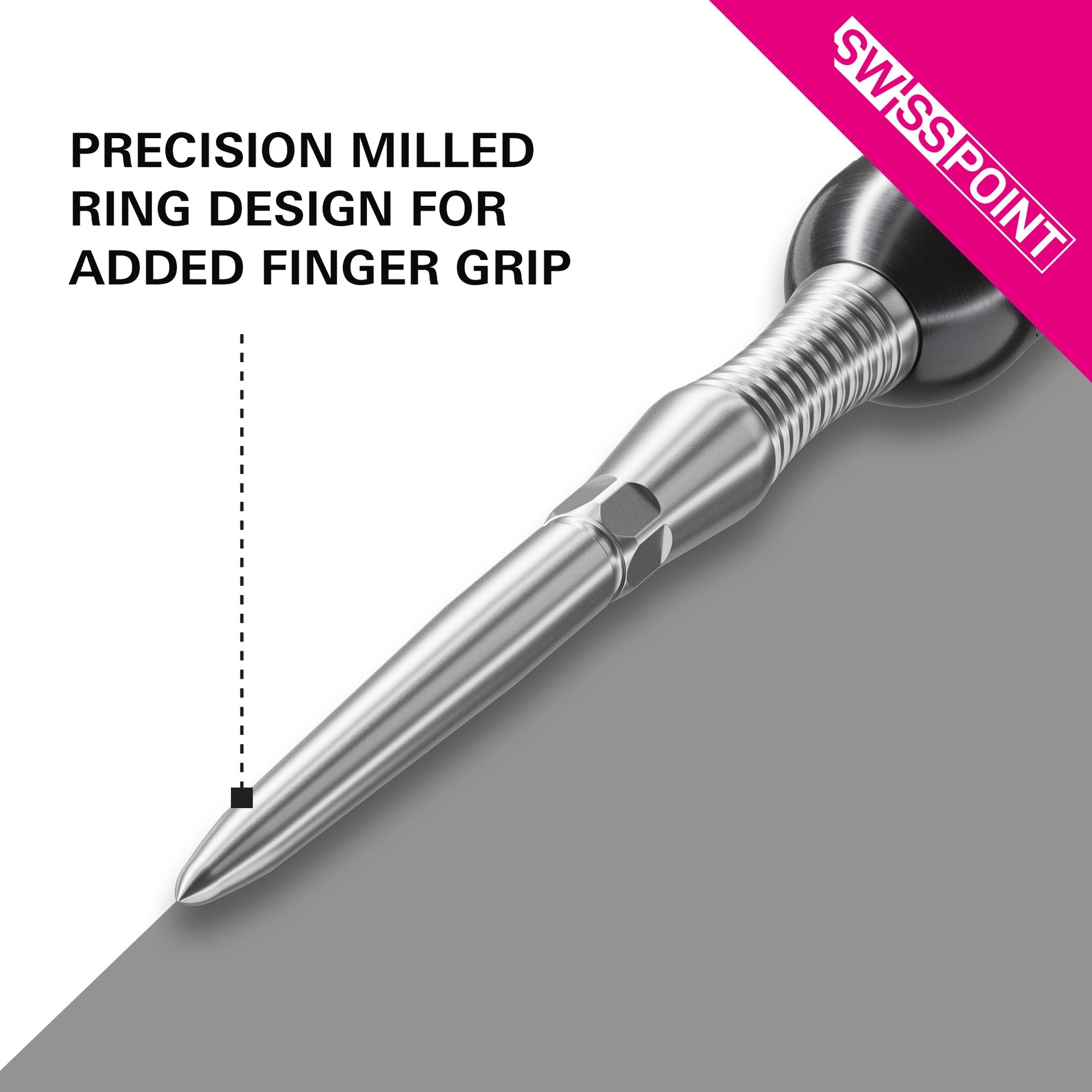 Metal dart with precision milled ring design on a gray background, featuring Swisspoint branding.