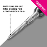 Metal dart with precision milled ring design on a gray background, featuring Swisspoint branding.