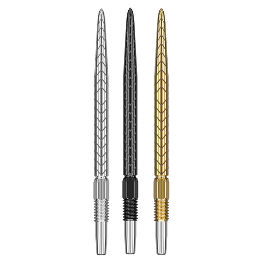 Swiss RVE Points shown vertically on a plain white background, in silver, dark gray, and gold finishes with textured feather-like patterns near the top and threaded bases.