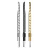 Swiss RVE Points shown vertically on a plain white background, in silver, dark gray, and gold finishes with textured feather-like patterns near the top and threaded bases.