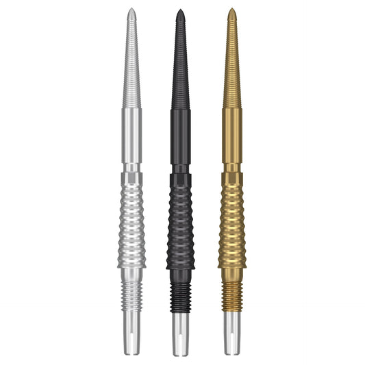 Swiss Storm LNC Points in silver, black, and gold metal, with pointed tips and textured grip grooves.