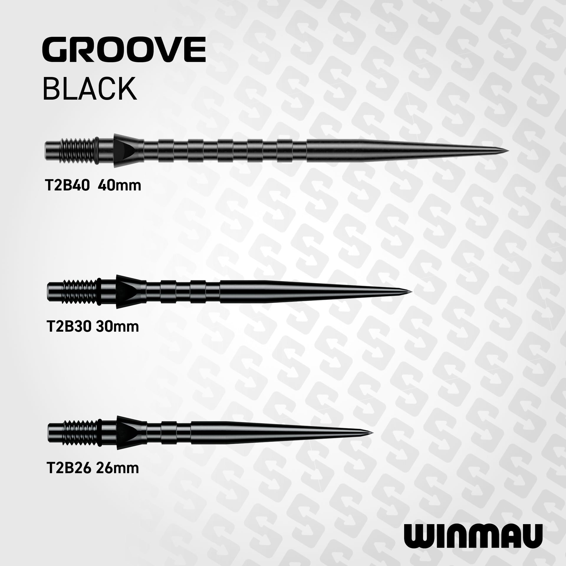 Winmau Switch Points Groove Black varying lengths on a white background, featuring the Winmau brand.