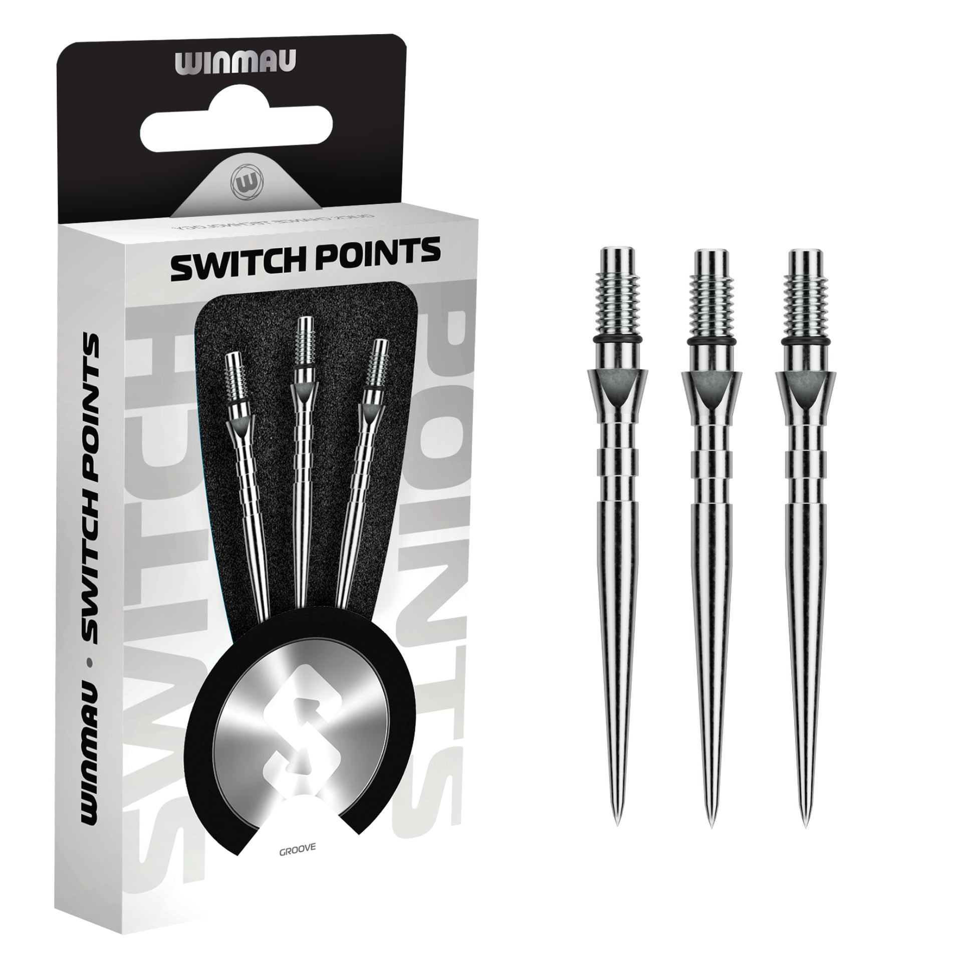 Winmau switch points packaging with three metal darts on a white background