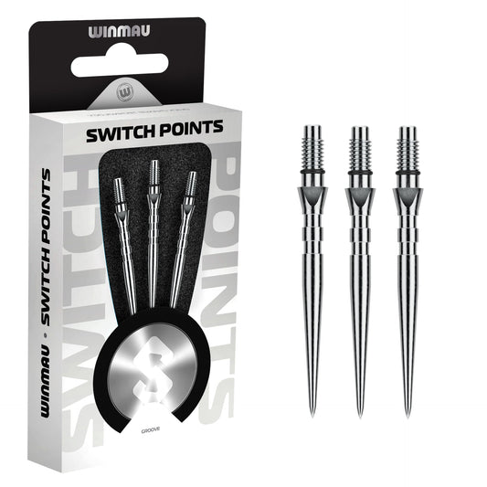 Winmau switch points packaging with three metal darts on a white background