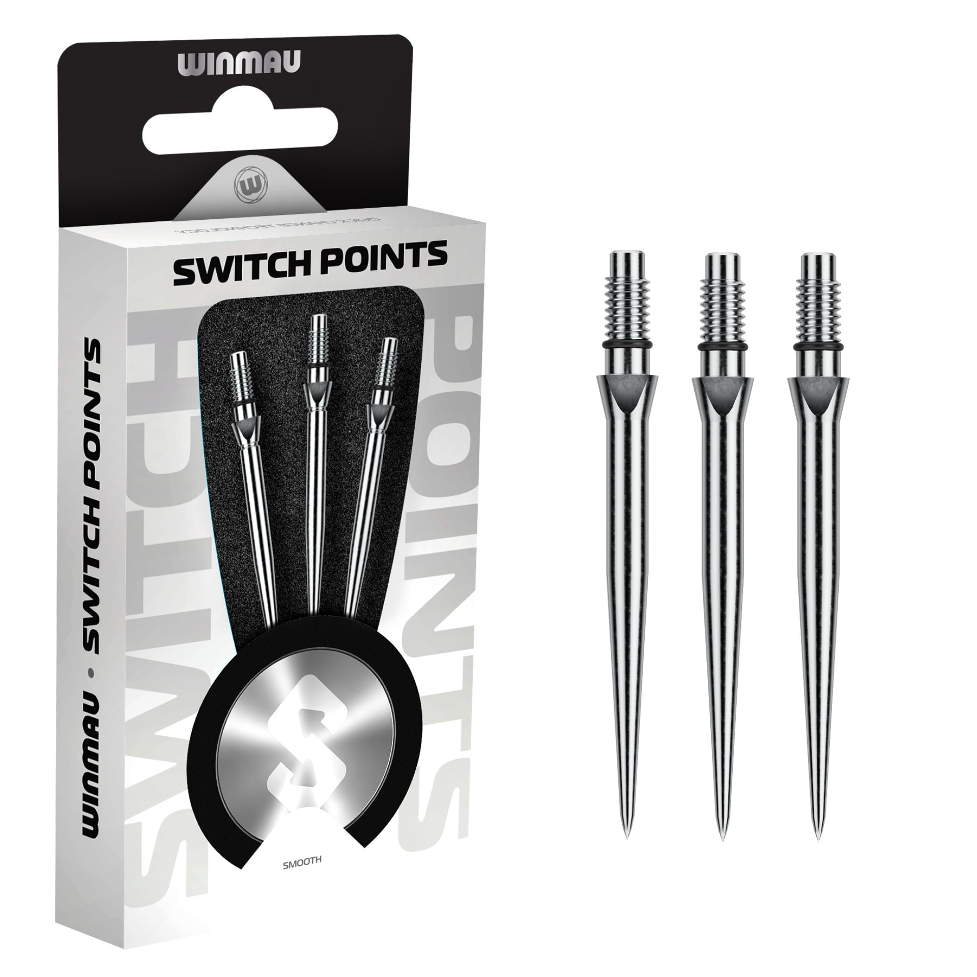 Winmau switch points packaging with three metal dart points on a white background
