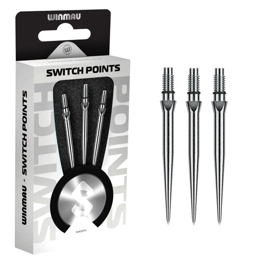 Winmau switch points packaging with three metal dart points on a white background