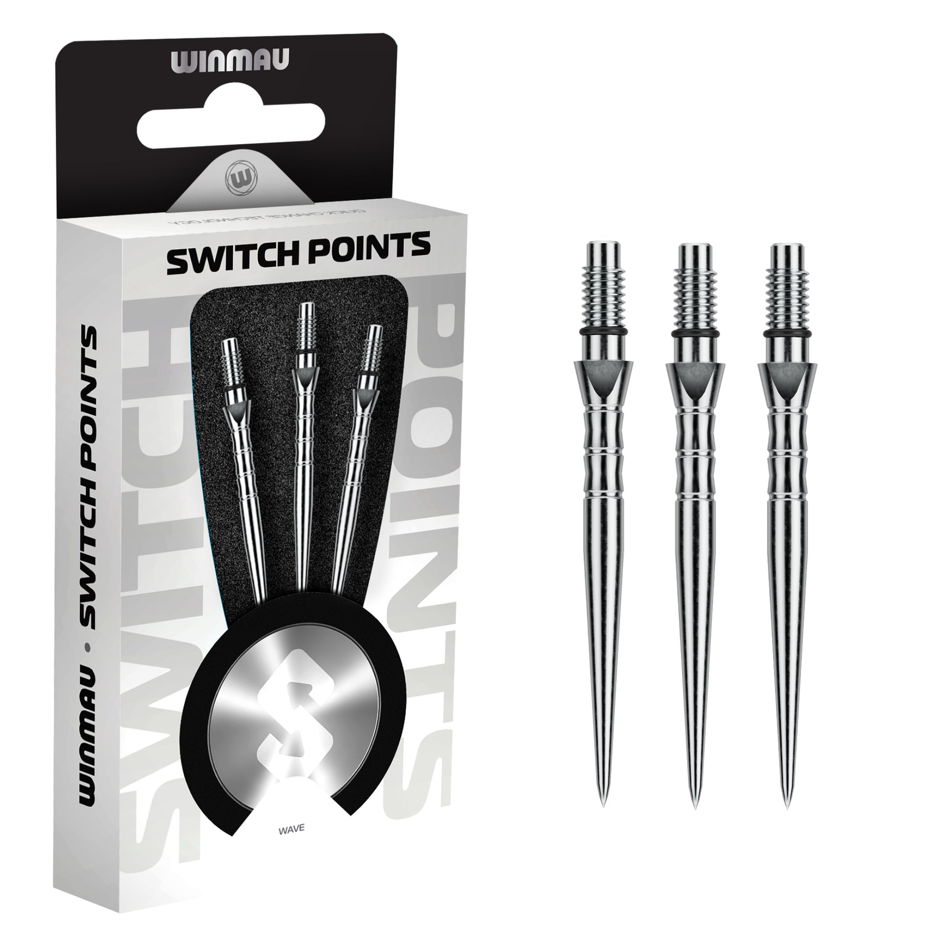 Winmau switch points packaging with three Winmau Switch Points Wave Silver on a white background
