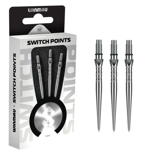 Winmau switch points packaging with three Winmau Switch Points Wave Silver on a white background