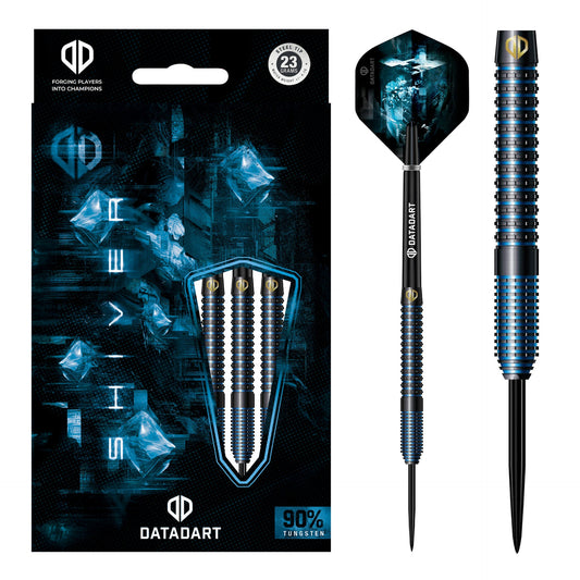 Datadart Shiver 90% Tungsten Darts set with packaging featuring blue and black design.