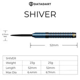 Datadart Shiver dart with measurements and specifications on a white background