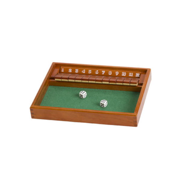 Shut The Box 12 wooden dice game with tiles numbered 1 to 12 and two dice on green felt surface