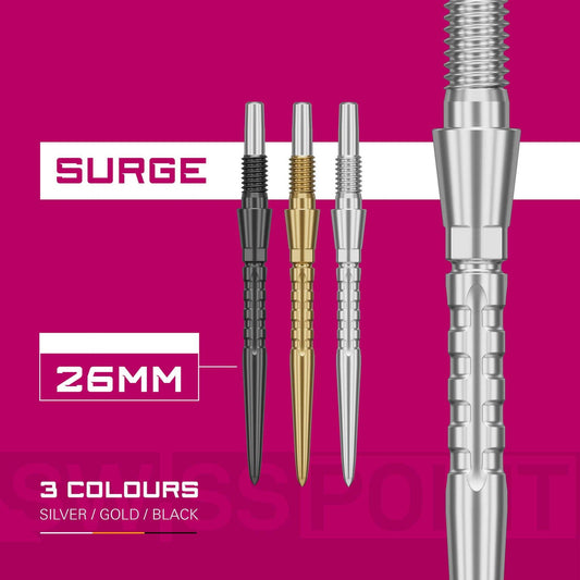 Swiss Storm Surge points set in silver, gold, and black with carved grooves for enhanced grip and 26mm length