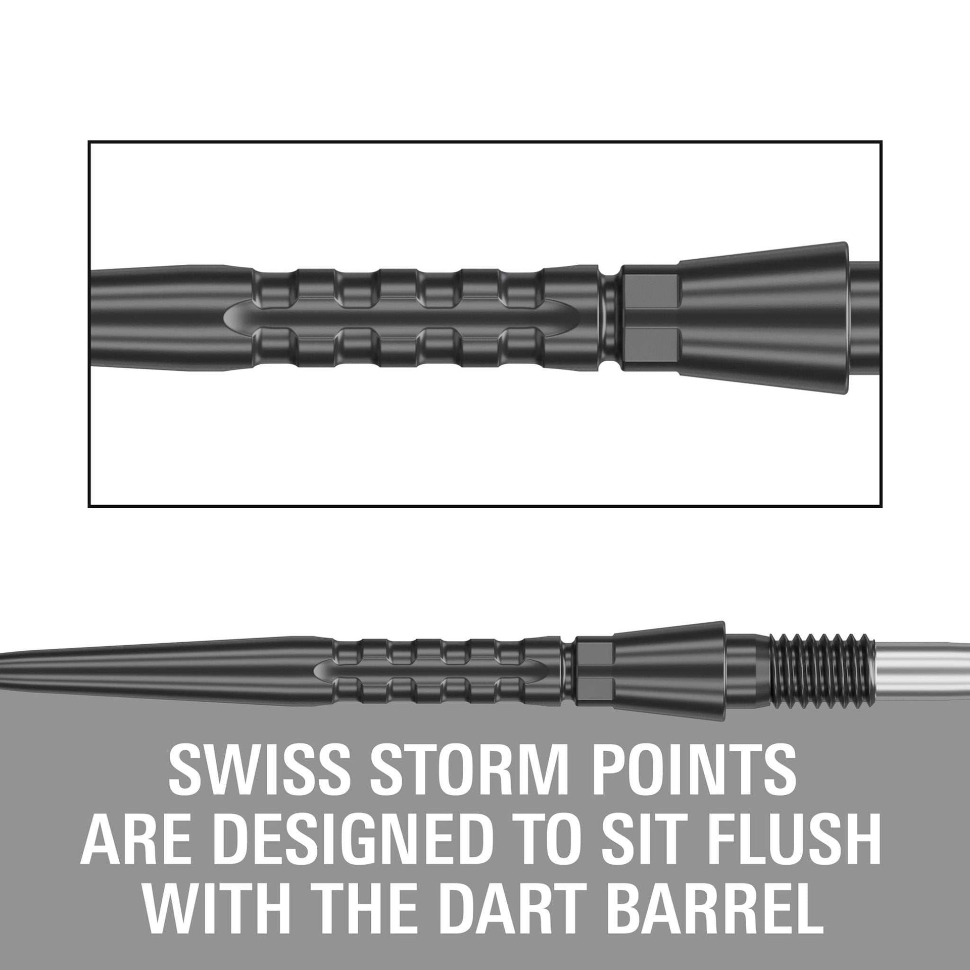 Close-up of Swiss Storm Surge points with carved grooves and threaded end designed to fit flush with dart barrel