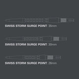 Diagram of Swiss Storm Surge points in 35mm, 30mm, and 26mm sizes with grip grooves and locking system