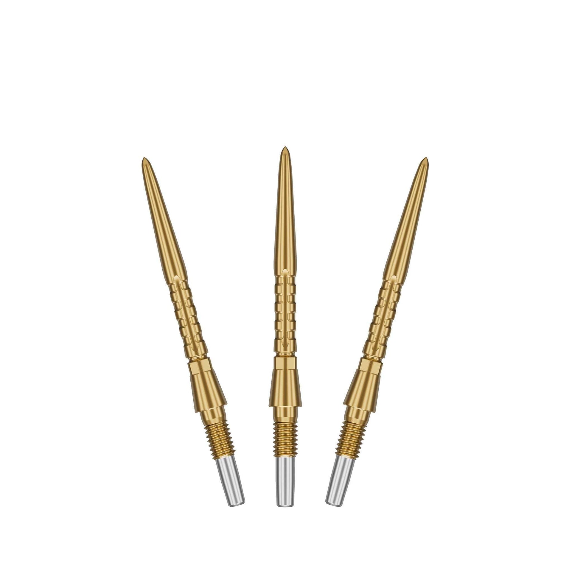 Set of three gold Swiss Storm Surge points with grooved grip and threaded ends for quick dart point changes