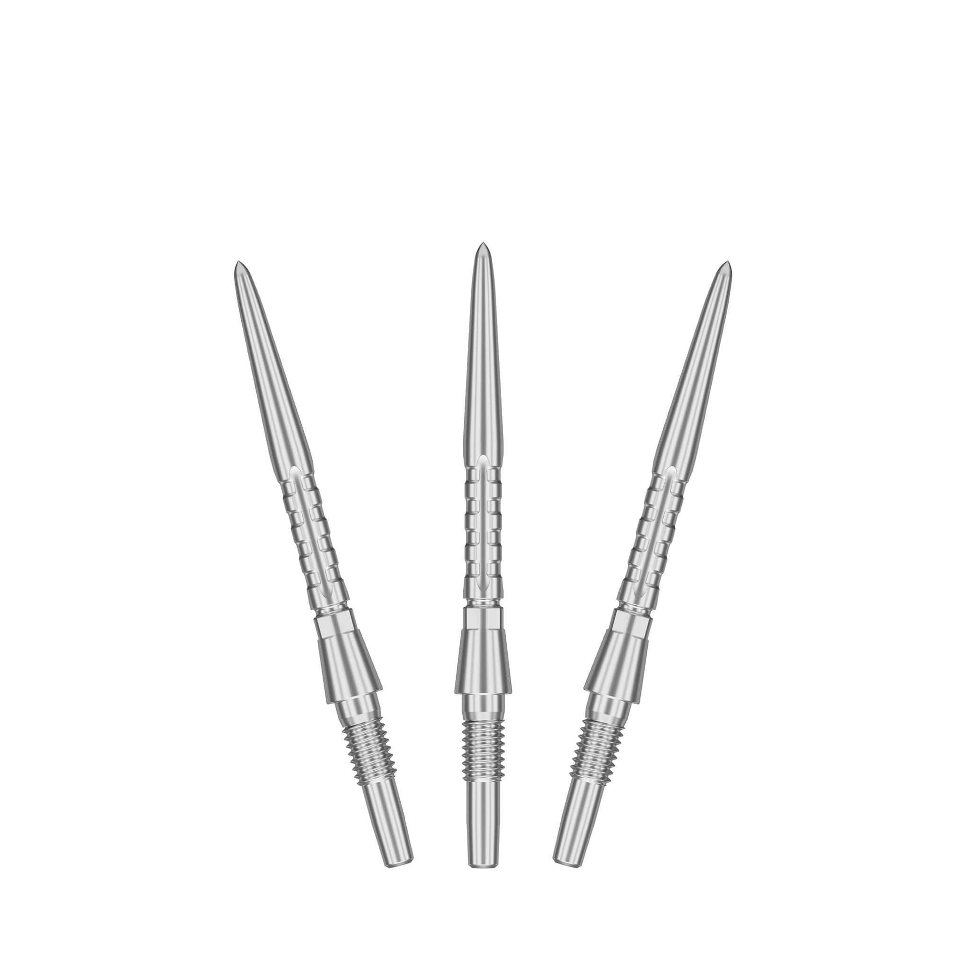 Close-up of premium stainless steel Swiss Storm Surge Points dart tips with unique grip and engraved grooves