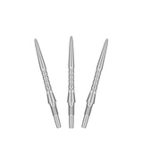 Close-up of premium stainless steel Swiss Storm Surge Points dart tips with unique grip and engraved grooves