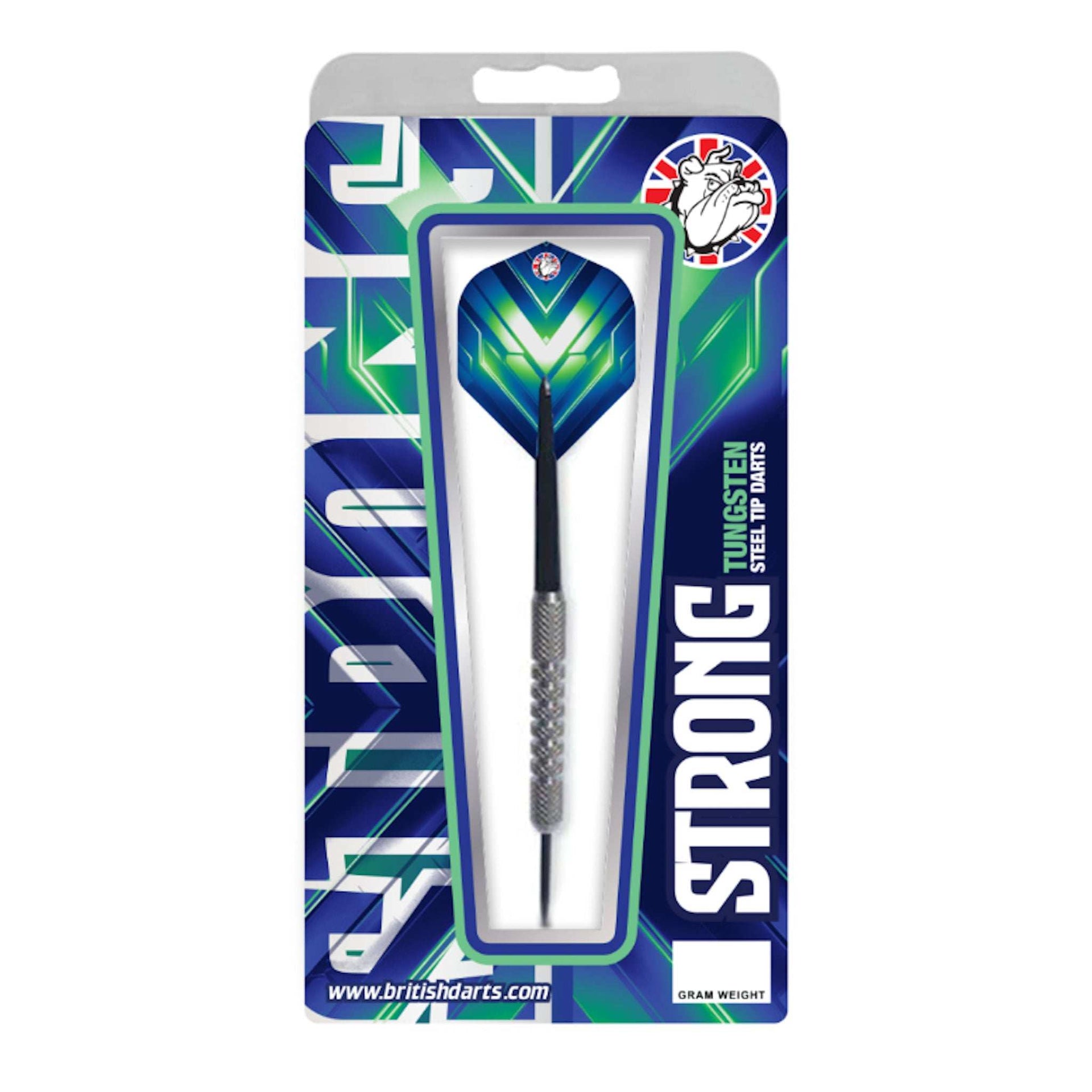 BD Strong 80% Tungsten Darts in packaging with blue and green design, steel tip and black nylon shafts
