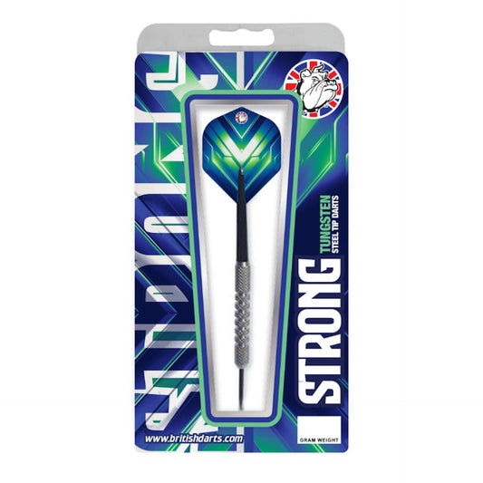 BD Strong 80% Tungsten Darts in packaging with blue and green design, steel tip and black nylon shafts