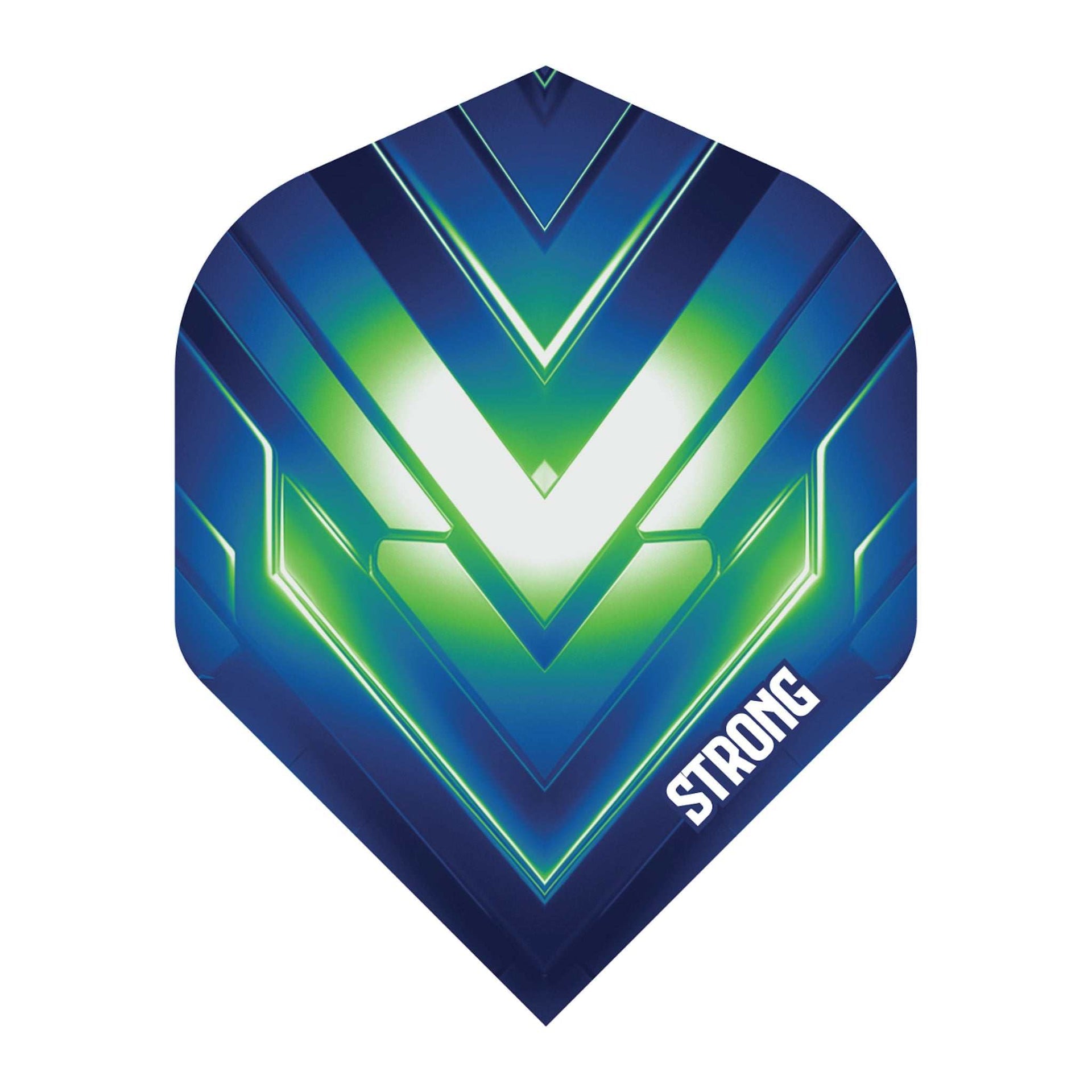 BD Exclusive Flights durable standard size dart flights in blue and green with "STRONG" text