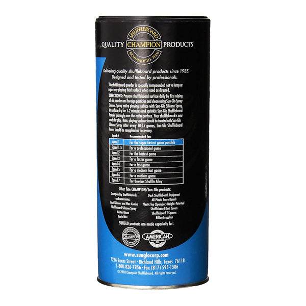 Sun-Glo Shuffleboard Wax Speed #1 for professional wooden shuffleboard tables, super-fast silicone powder for smooth gameplay