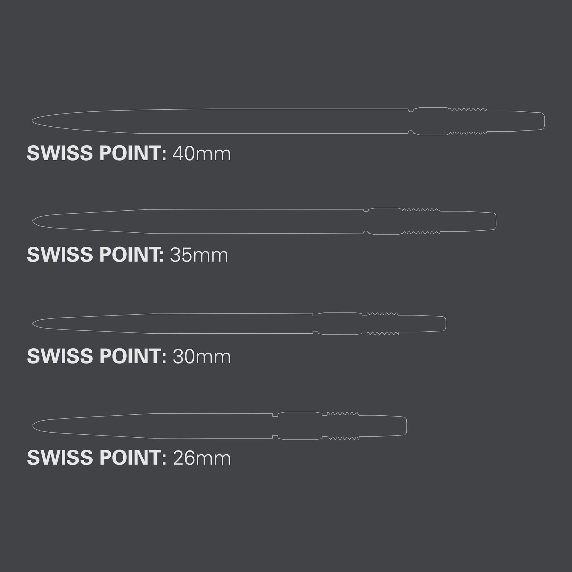 Swiss Points interchangeable dart points in 26mm, 30mm, 35mm, and 40mm lengths with patented locking and removal system for Target Darts SP barrels.