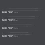 Swiss Points interchangeable dart points in 26mm, 30mm, 35mm, and 40mm lengths with patented locking and removal system for Target Darts SP barrels.