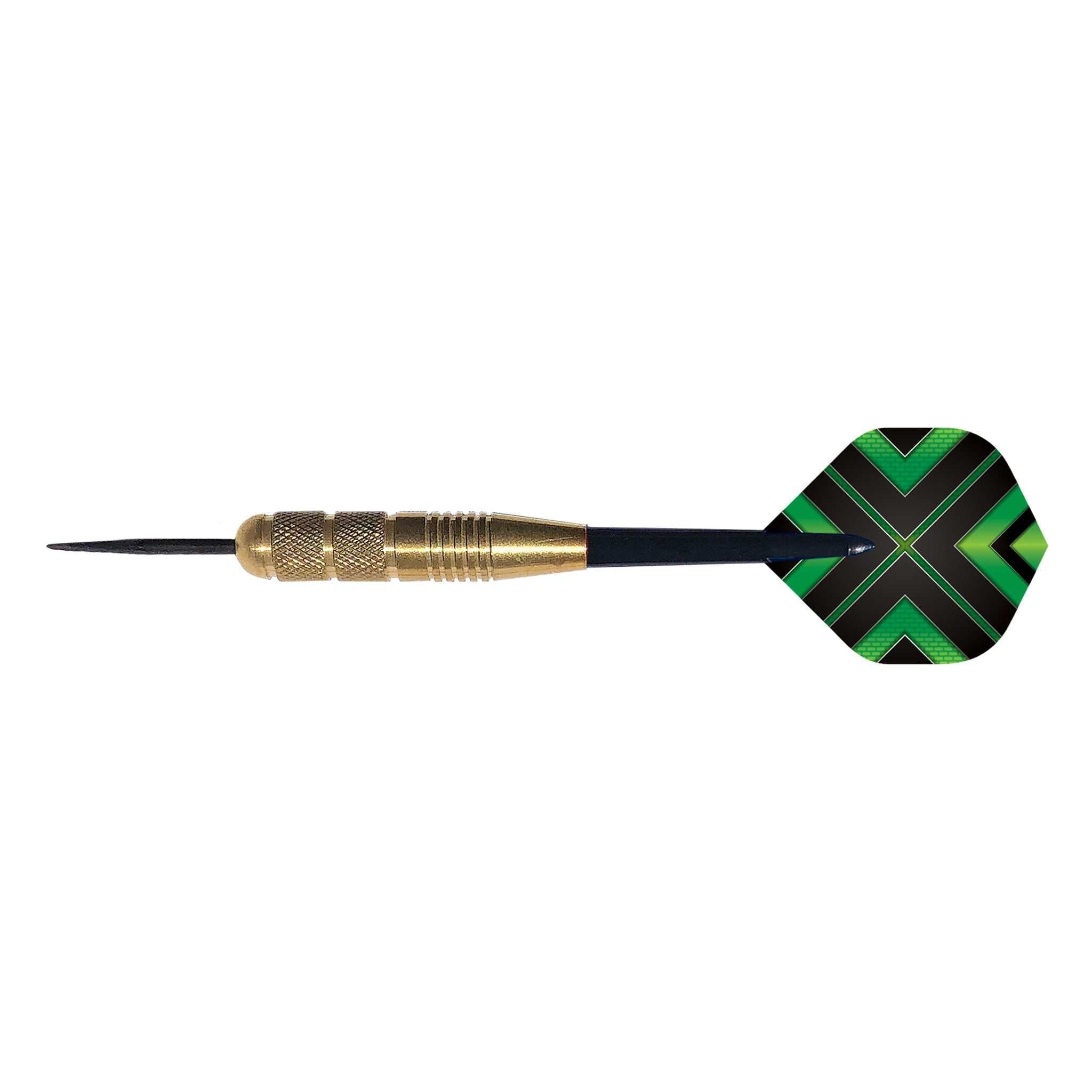 Thunderbird brass dart with brass barrel and green-black flights for entry-level players
