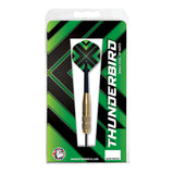 Thunderbird brass darts set with brass barrels, black nylon shafts, and green-black flights in retail packaging