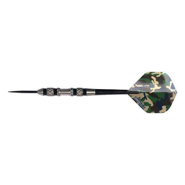 Trooper 80% tungsten dart with aggressive knurl grip and camo flights for precision control