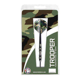 Trooper 80% tungsten darts with camo flights and black shafts in packaging