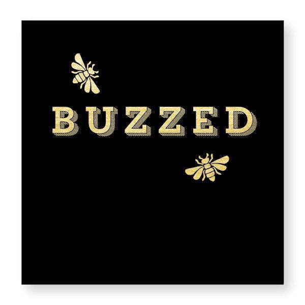 Facial quality napkins with gold foil bees and "Buzzed" text, 20 count, 3-ply, folded 4 7/8" square