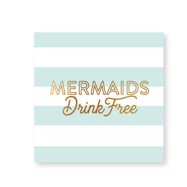 Napkin 20ct with mermaid theme, gold foil stamping, striped design, 3-ply paper, 4 7/8 inch square.