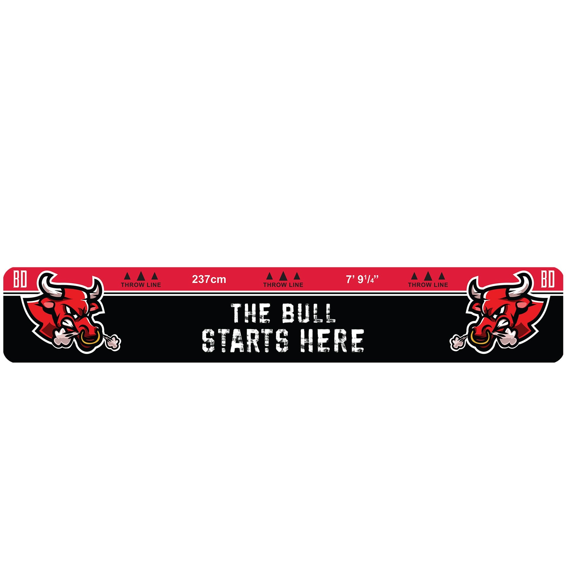 Oche Throw Line with red bull design and text 'The Bull Starts Here' on a black background