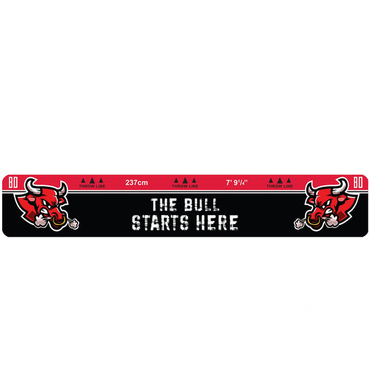 Oche Throw Line with red bull design and text 'The Bull Starts Here' on a black background