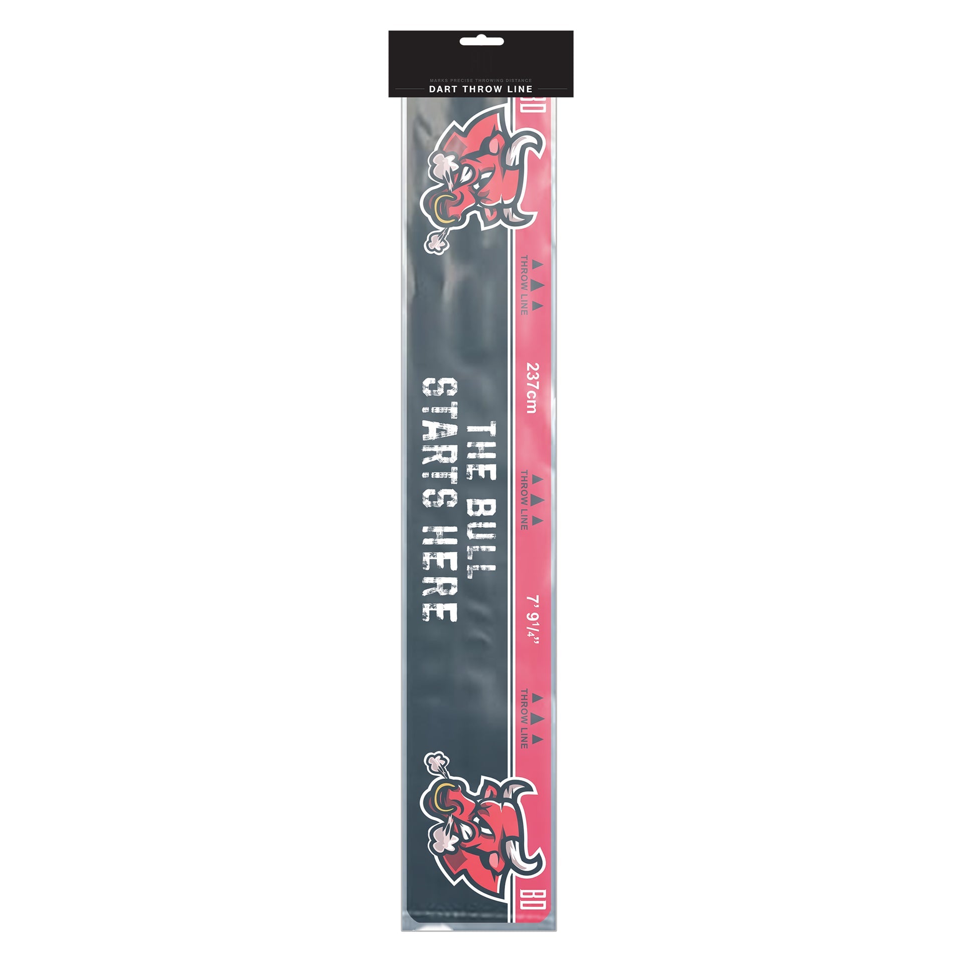 Oche Throw Line with red bull design and text 'The Bull Starts Here' on a black background packaging