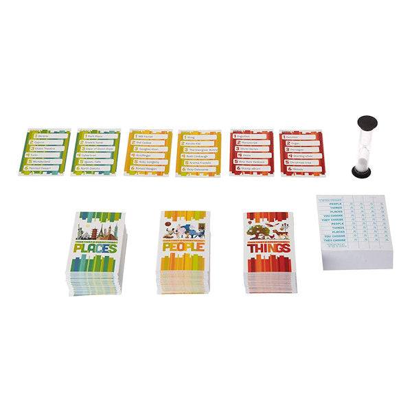 This That & Everything party game with cards, sand timer, and score pad for fast-paced guessing fun