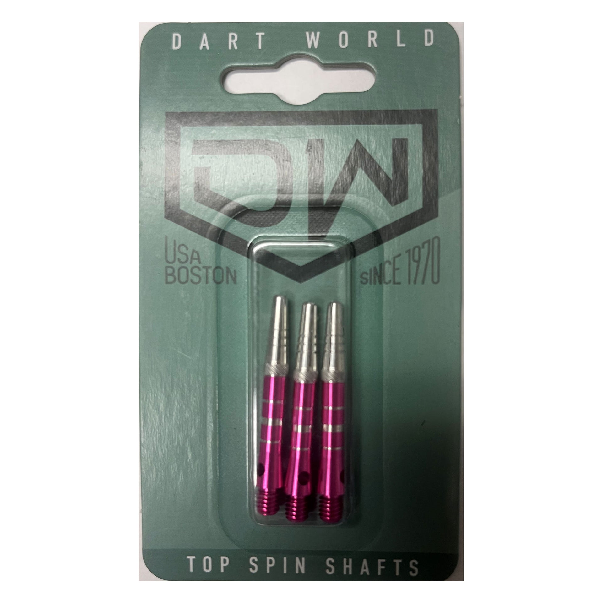 Pack of Dart World top spin shafts with pink and silver design on a green packaging.
