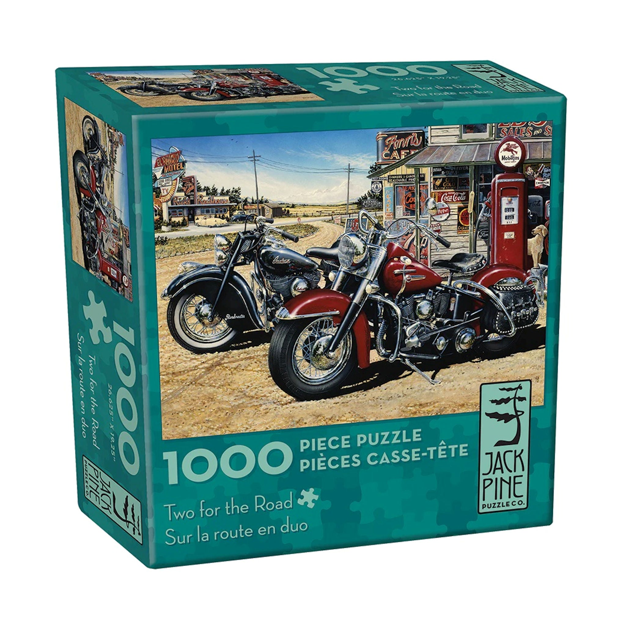 Jigsaw puzzle box featuring two vintage motorcycles on a road with a gas station in the background.