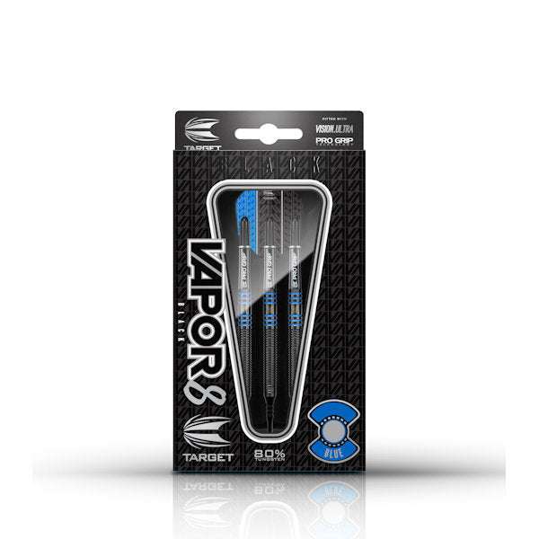 Vapor8 Black Blue 80% Tungsten soft tip darts with black titanium nitride coating and blue ring accents in packaging