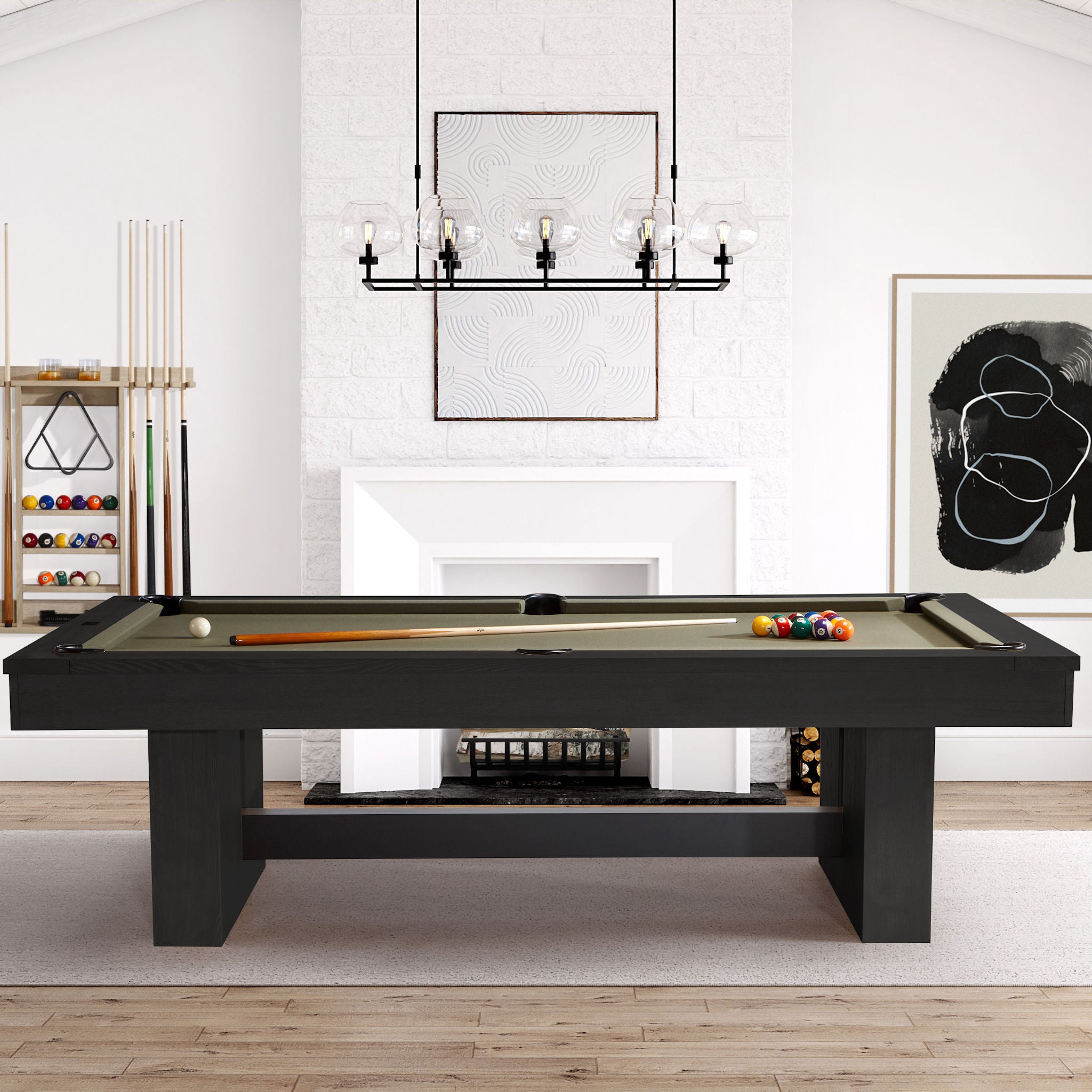 Black pool table in a modern living room with a fireplace and decor.
